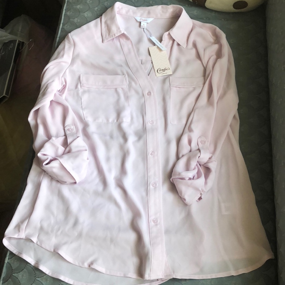 Candies lavender colored blouse , button down.